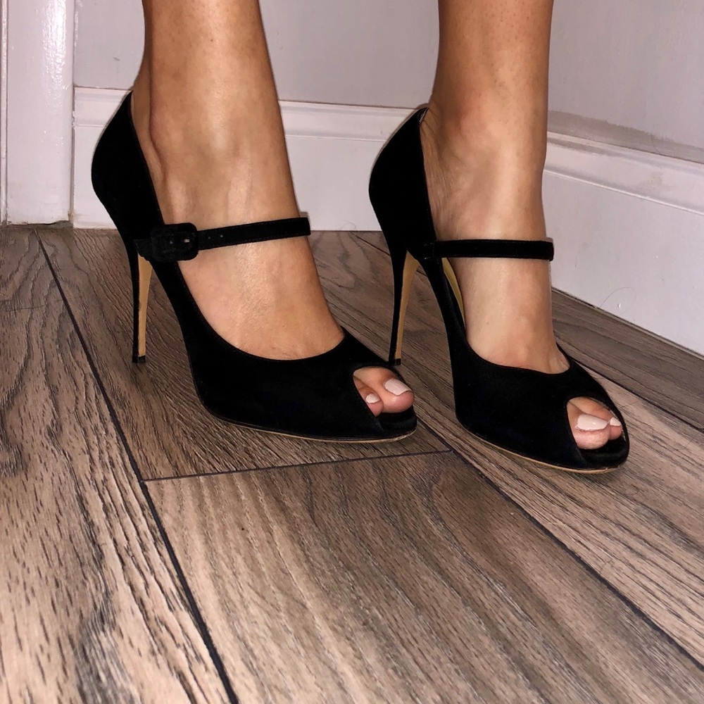 Black suede Valentino Garavani peep toe heels